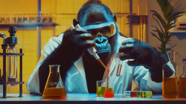 Ape in Laboratory with Glowing Chemicals