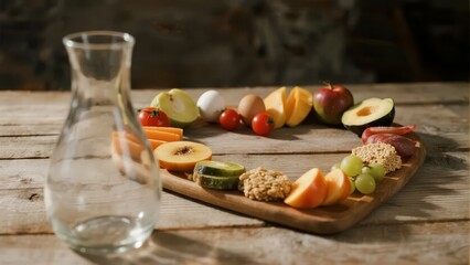 A rustic wooden table set with a charcuterie board featuring fruits, vegetables, and crackers alongside a glass carafe of water.