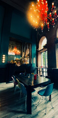 Dining Table and Red Chandelier in Teal Room