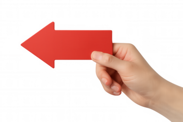 Hand gripping red directional arrow against transparent backdrop, signaling navigation or decision-making trajectory