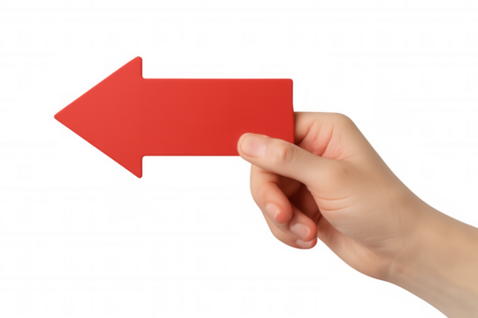 Hand gripping red directional arrow against transparent backdrop, signaling navigation or decision-making trajectory