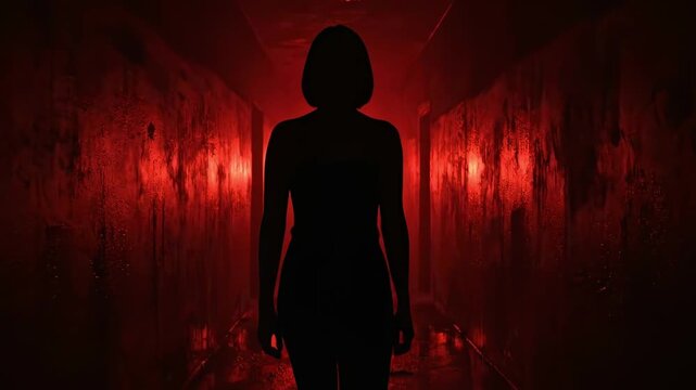 A terrifying silhouette of a ghostly woman standing at the end of a long, dark, and creepy red-lit hallway, a perfect suspenseful scene for a psychological horror film