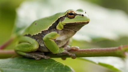 Obraz premium A green tree frog perched on a leafy branch, showcasing its vibrant color and textured skin.