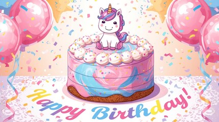 Magical Unicorn Birthday Cake with Balloons and Confetti
