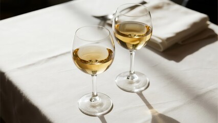 Two glasses of white wine on a sunlit table with folded napkins