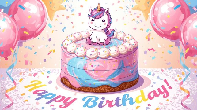 Magical Unicorn Birthday Cake with Balloons and Confetti
