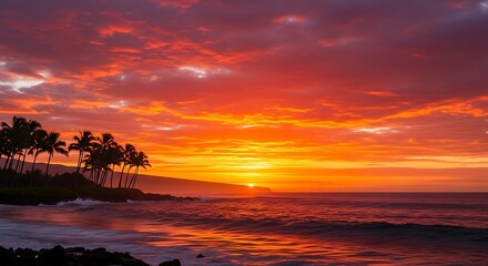 Fiery Sunset Over Tropical Beach.