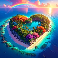 Heart-shaped island paradise with vibrant colors, rainbow, and lush vegetation