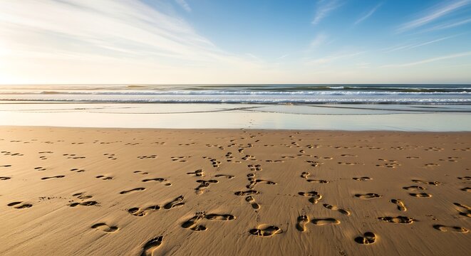 Footprints in the sand on a sunny beach with ocean waves.