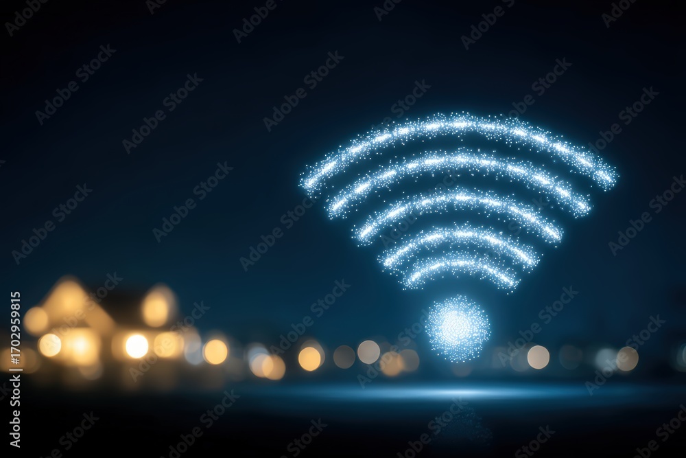 Poster Illuminated WiFi Signal with Twinkling Effect Symbolizing Connectivity in a Digital Age Emphasizing Smart Home Technology and Modern Communication Paradigms captured with clarity