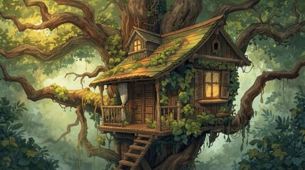 Enchanting Treetop House in Lush Forest - Fantasy Illustration