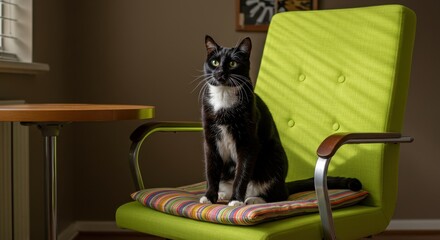 Black and white cat sitting on a colorful chair cushion in a modern, stylish interior space with soft natural lighting