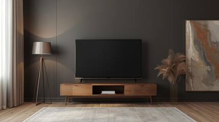 Modern minimalist living room with flat screen television on a wooden TV stand, neutral wall colors, decorative plants, contemporary art, and stylish lamp