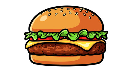 Cartoon depiction of a juicy burger with fresh ingredients