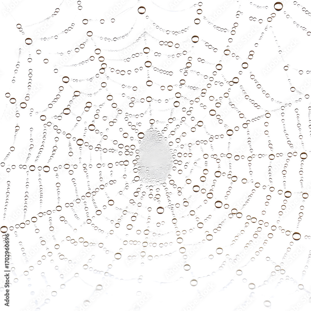 Wall mural stock photo of spider web dewdrops white isolated background. clean background and simple style with