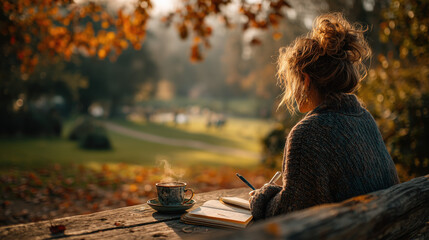 a woman journaling in a peaceful park with a cup of tea