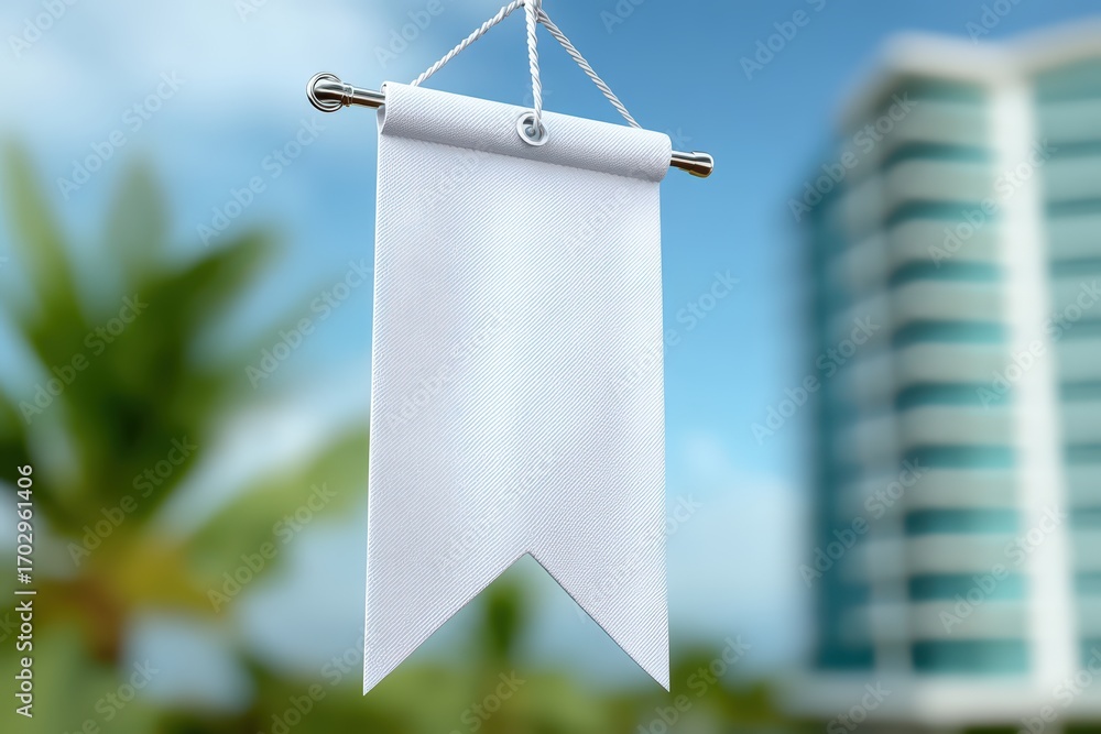 Poster crisp blank canvas hanging against a blurred backdrop of modern architecture surrounded by lush gree
