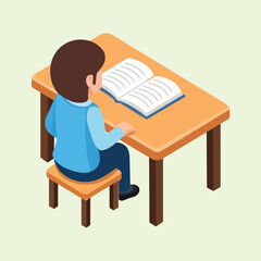 Design element Illustration of a boy sitting reading a book at a wooden table, isometric style with bright colors and a soft green background.