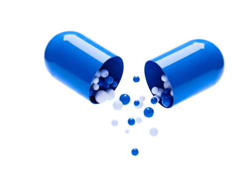 Open blue capsule with white and blue pills isolated on transparent background