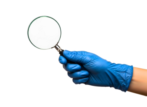 Hand wearing blue glove holding magnifying glass isolated on transparent background