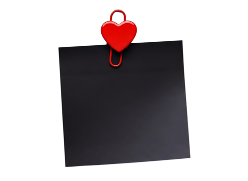 sticky note with a red heart shaped paperclip isolated on transparent background