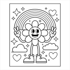 Cute Flower Cartoon with Rainbow and Hearts Coloring Page