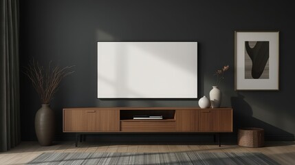 Modern minimalistic living room with flat screen television mounted on dark wall, wooden media console, decorative vases, framed artwork, and subtle lighting