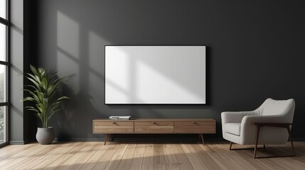 Modern minimalist living room with a flat screen television mounted on a dark wall, a stylish wooden TV stand, a cozy armchair, large window with natural light, and indoor plant decor