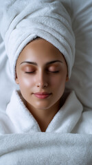 Woman with towel and bathrobe resting with closed eyes. 
