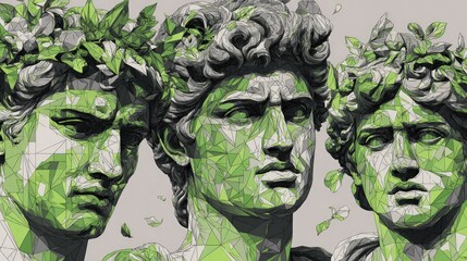 Polygonal sculpted heads with laurel wreaths