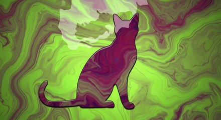 Abstract cat silhouette with swirling purple and green fluid art background creating a modern artistic design
