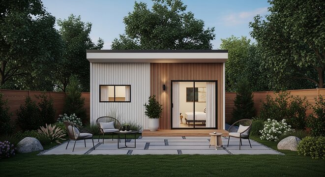 Modern Backyard Studio with Patio and Garden Design