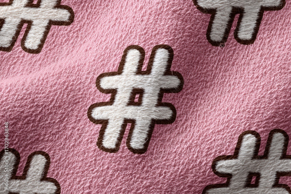 Poster Textured pink fabric backdrop displaying a pattern of hashtags emphasizing social media connectivity and communication in a contemporary lifestyle setting evoking modern digital interactions