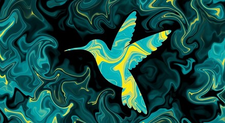 Abstract hummingbird illustration with swirling turquoise and yellow patterns against a dark background design element