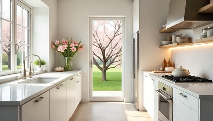 Bright and airy kitchen with white cabinets and countertops a window and a door leading to a garden view