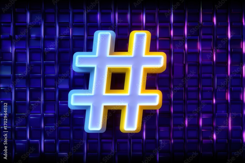 Poster illuminated hashtag symbol glowing brightly against a futuristic backdrop of abstract patterns showc