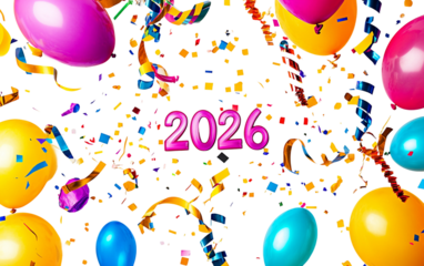 Vibrant New Years Eve party scene with balloons confetti and festive holiday atmosphere isolated on transparent background PNG