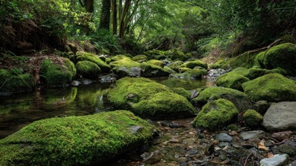 Lush Forest Stream with Moss Covered Rocks Peaceful Serenity Tranquil Scene Nature's Beauty