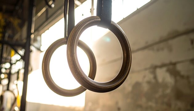 Gymnastic rings hanging in a gym with bright light.
