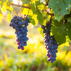 Close-up of clusters of ripe dark purple grapes hanging from vines in sunlight