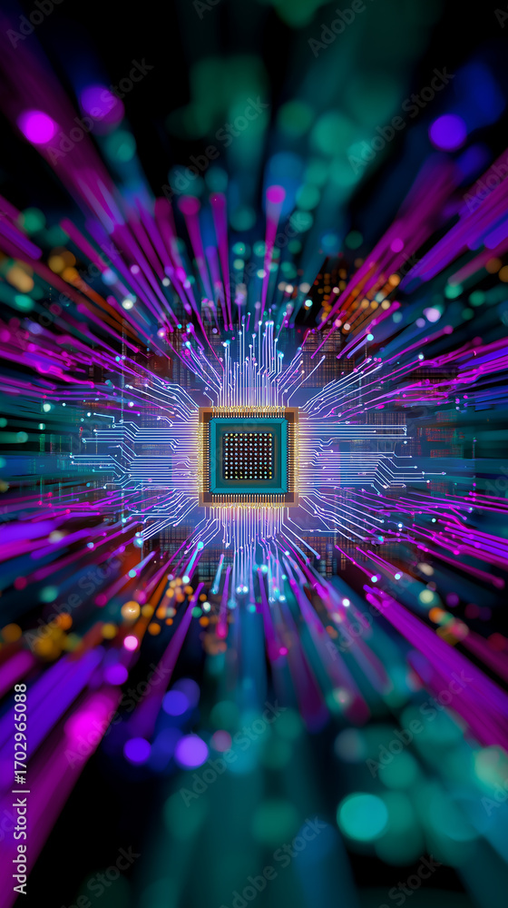Poster abstract glowing microchip with neon circuits radiating outward.