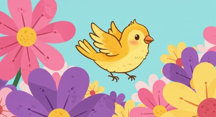 Obraz premium Charming cartoon animation of a little yellow bird surrounded by blooming spring flowers against a blue sky