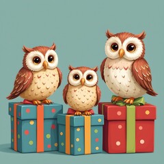 Fototapeta premium Three adorable owls perched on top of colorful gift boxes. These cute creatures exude charm and are ready for a special celebration