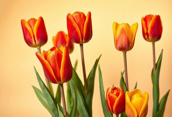 Obraz premium Vibrant tulips in sunset hues against a soft beige backdrop, flowers, yellow