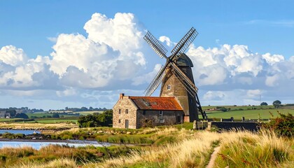 Picturesque Windmill at Saint Ouens Pond, Jersey, Channel Islands