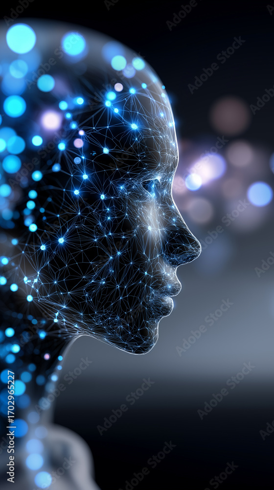 Poster digital abstract profile of human face dissolving into particles.