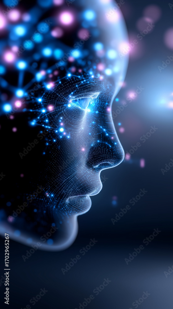 Poster digital abstract profile of human face dissolving into particles.