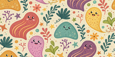 Playful Sea Creature Pattern with Smiling Characters for Children's Textile and Decor