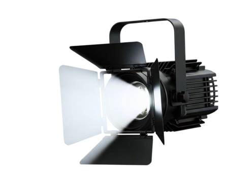 Professional film stage light with bright beam isolated on transparent background