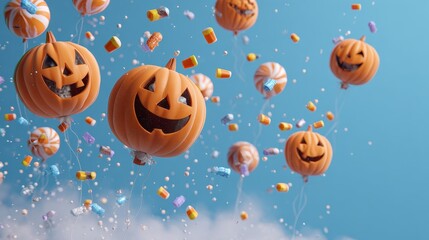 Obraz premium Floating pumpkin balloons dropping candy, 3D illustration.